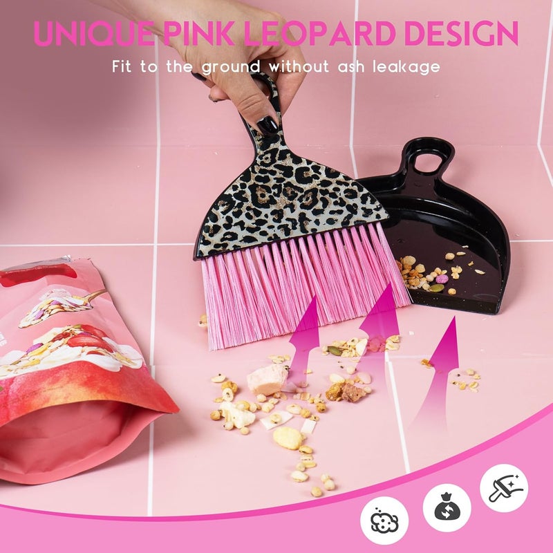 ThinkLearn 2PCS Mini Dustpan and Brush Set, Small Broom and Dustpan Set with Pink Leopard Print Design, Hand Broom Whisk Broom and Dust Pan for Cleaning Desk, Home, Cars, Pets, Kids - Image 2